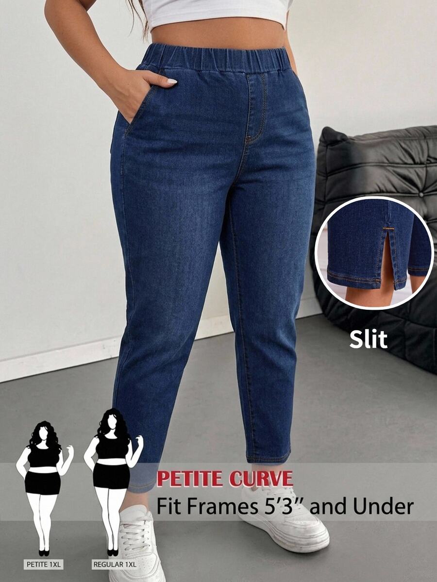 SHEIN PETITE CURVE PETITE 大尺碼女款時尚彈性腰牛仔短褲,附口袋,秋季牛仔女郎穿搭,藍色牛仔褲,返校季 - 藍色 - 查看 1