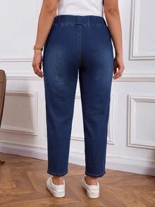 SHEIN PETITE CURVE PETITE 大尺碼女款時尚彈性腰牛仔短褲，附口袋，秋季牛仔女郎穿搭，藍色牛仔褲，返校季 - 藍色 - 查看 3