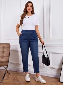 SHEIN PETITE CURVE PETITE 大尺碼女款時尚彈性腰牛仔短褲，附口袋，秋季牛仔女郎穿搭，藍色牛仔褲，返校季 - 藍色 - 查看 4