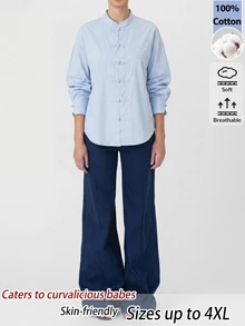 EastFlair Plus Size Casual Commute Vacation Office Solid Color Frog Button Shirt Light Blue Autumn Cotton - Baby Blue - View 5