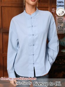 EastFlair Plus Size Casual Commute Vacation Office Solid Color Frog Button Shirt Light Blue Autumn Cotton - Baby Blue - View 8