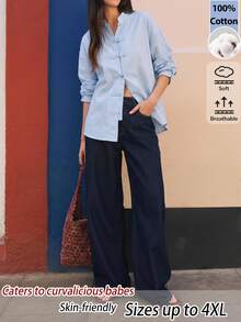 EastFlair Plus Size Casual Commute Vacation Office Solid Color Frog Button Shirt Light Blue Autumn Cotton - Baby Blue - View 3