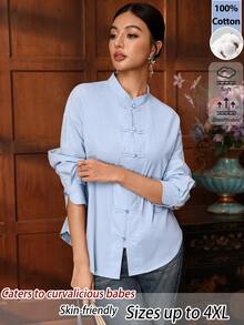 EastFlair Plus Size Casual Commute Vacation Office Solid Color Frog Button Shirt Light Blue Autumn Cotton - Baby Blue - View 6