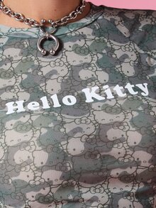 HELLO KITTY AND FRIENDS | COUREZ Women Long Sleeve Mesh Top With Letter , Y2K Rave Fall Going Out Top For Women Cute Top - Army Green - View 6