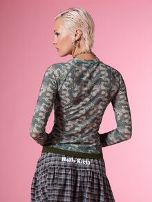 HELLO KITTY AND FRIENDS | COUREZ Women Long Sleeve Mesh Top With Letter , Y2K Rave Fall Going Out Top For Women Cute Top - Army Green - View 3