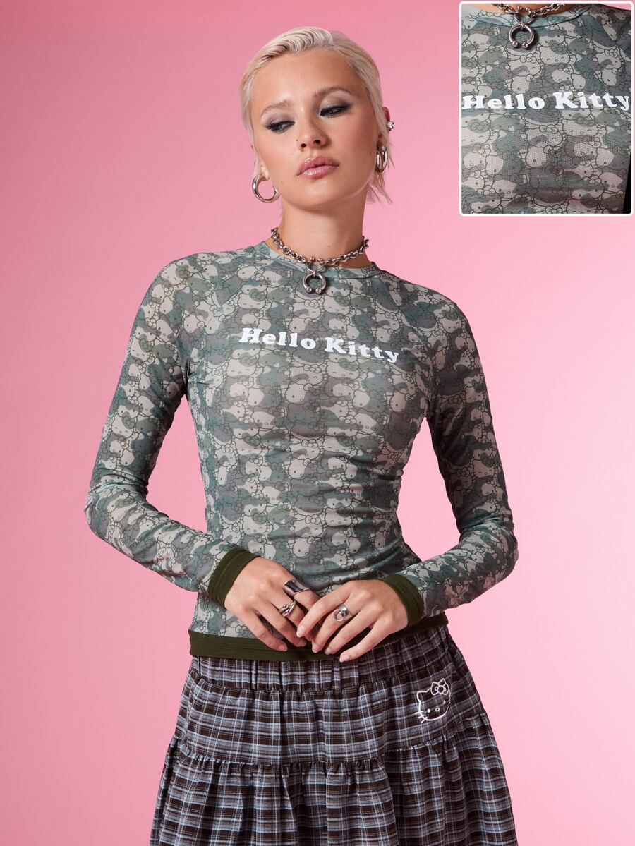 HELLO KITTY AND FRIENDS | COUREZ Women Long Sleeve Mesh Top With Letter , Y2K Rave Fall Going Out Top For Women Cute Top - Army Green - View 1