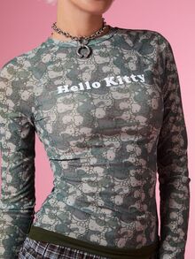 HELLO KITTY AND FRIENDS | COUREZ Women Long Sleeve Mesh Top With Letter , Y2K Rave Fall Going Out Top For Women Cute Top - Army Green - View 7