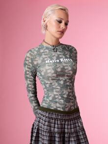 HELLO KITTY AND FRIENDS | COUREZ Women Long Sleeve Mesh Top With Letter , Y2K Rave Fall Going Out Top For Women Cute Top - Army Green - View 5