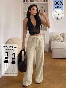 SHEIN Tall 2026女款春夏度假系列：新款杏色100%純棉寬鬆抽繩腰長褲，水洗棉面料，適合居家休閒、外出、海灘活動、時尚穿搭、日常穿著、通勤、度假休閒、浪漫場合及日常穿搭 - 杏色 - 查看 7