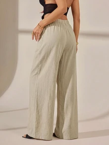 SHEIN Tall 2026女款春夏度假系列：新款杏色100%純棉寬鬆抽繩腰長褲，水洗棉面料，適合居家休閒、外出、海灘活動、時尚穿搭、日常穿著、通勤、度假休閒、浪漫場合及日常穿搭 - 杏色 - 查看 2