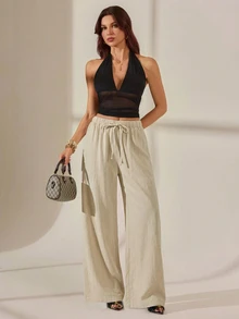 SHEIN Tall 2026女款春夏度假系列：新款杏色100%純棉寬鬆抽繩腰長褲，水洗棉面料，適合居家休閒、外出、海灘活動、時尚穿搭、日常穿著、通勤、度假休閒、浪漫場合及日常穿搭 - 杏色 - 查看 9
