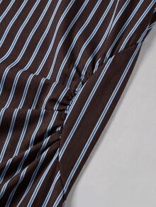 Firerie New Minimalist Elegant Romantic Date Daily Commute Brown Striped Small Stand Collar Sleeveless Cinched Waist Pleated A-Line Long Dress - Brown - View 9