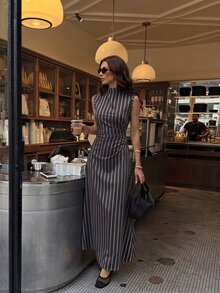 Firerie New Minimalist Elegant Romantic Date Daily Commute Brown Striped Small Stand Collar Sleeveless Cinched Waist Pleated A-Line Long Dress - Brown - View 4