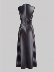Firerie New Minimalist Elegant Romantic Date Daily Commute Brown Striped Small Stand Collar Sleeveless Cinched Waist Pleated A-Line Long Dress - Brown - View 8