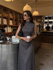 Firerie New Minimalist Elegant Romantic Date Daily Commute Brown Striped Small Stand Collar Sleeveless Cinched Waist Pleated A-Line Long Dress - Brown - View 3