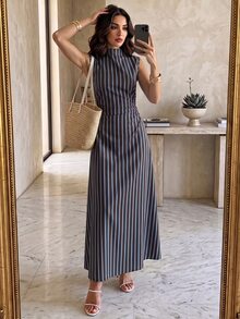 Firerie New Minimalist Elegant Romantic Date Daily Commute Brown Striped Small Stand Collar Sleeveless Cinched Waist Pleated A-Line Long Dress - Brown - View 6