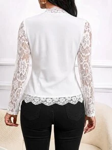 SHEIN Lady Women's Elegant Solid Color Lace Patchwork Lightweight Jacket - White - View 2