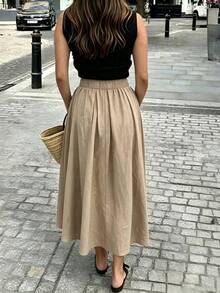 SHEIN PariChic 女款純色抓皺優雅通勤休閒裙，棉質舒適，夏季 - 卡其色 - 查看 2