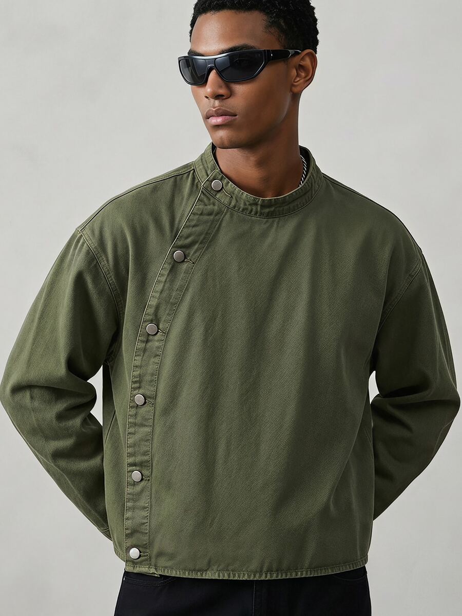 AXEPEAK Men's Washed Applique Embroidery Fashion Jacket - Army Green - View 1