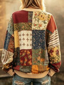 Selamara Women's Vintage Patchwork Floral Print Crewneck Sweatshirt, Oversized Long Sleeve Casual Pullover Top - Multicolor - View 2