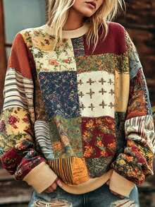 Selamara Women's Vintage Patchwork Floral Print Crewneck Sweatshirt, Oversized Long Sleeve Casual Pullover Top - Multicolor - View 1