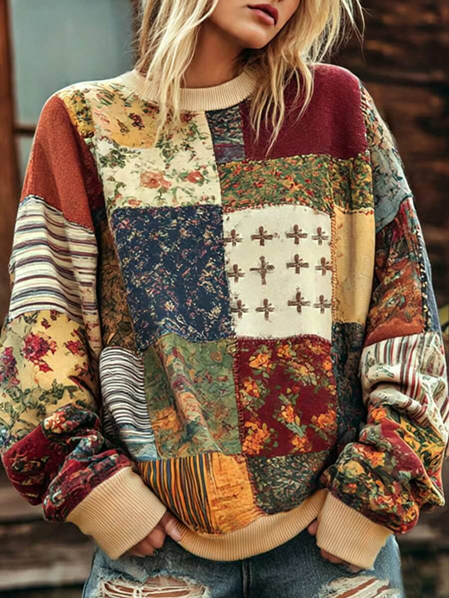 Selamara Women's Vintage Patchwork Floral Print Crewneck Sweatshirt, Oversized Long Sleeve Casual Pullover Top - Multicolor - View 1