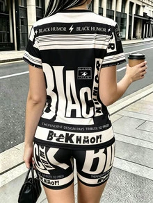 Rovax 女士字母印花圆领短袖T恤和短裤休闲两件套 - 彩色 - 查看 2