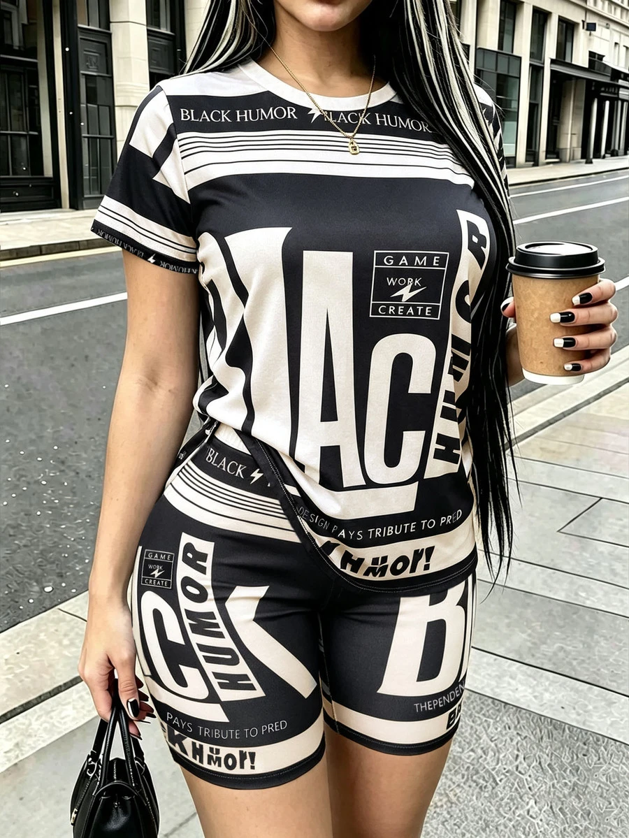 Rovax 女士字母印花圆领短袖T恤和短裤休闲两件套 - 彩色 - 查看 1