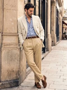 Suiteron Men's Versatile Lapel Neck Long Sleeve Double-Breasted Corduroy Blazer, Formal - White - View 9