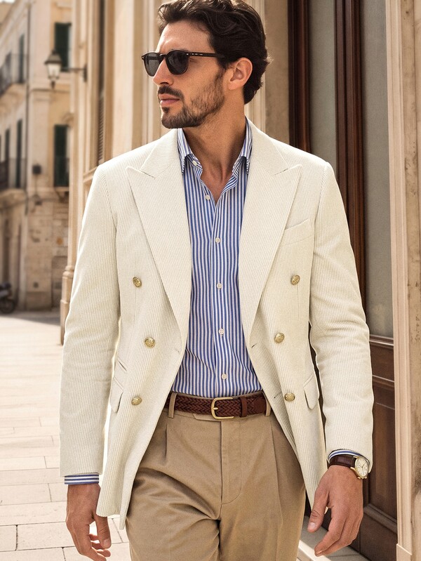 Suiteron Men's Versatile Lapel Neck Long Sleeve Double-Breasted Corduroy Blazer, Formal