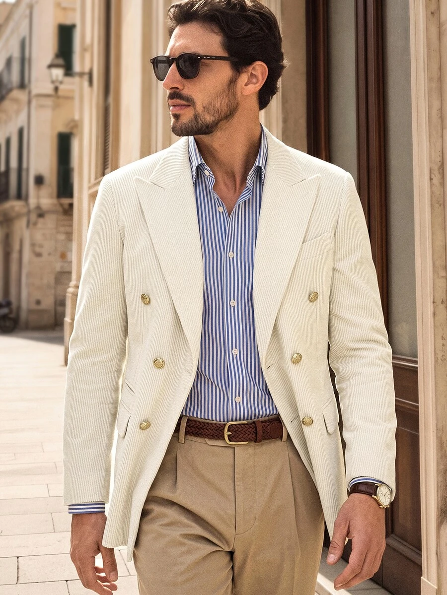Suiteron Men's Versatile Lapel Neck Long Sleeve Double-Breasted Corduroy Blazer, Formal - White - View 1