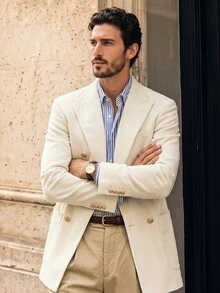 Suiteron Men's Versatile Lapel Neck Long Sleeve Double-Breasted Corduroy Blazer, Formal - White - View 2