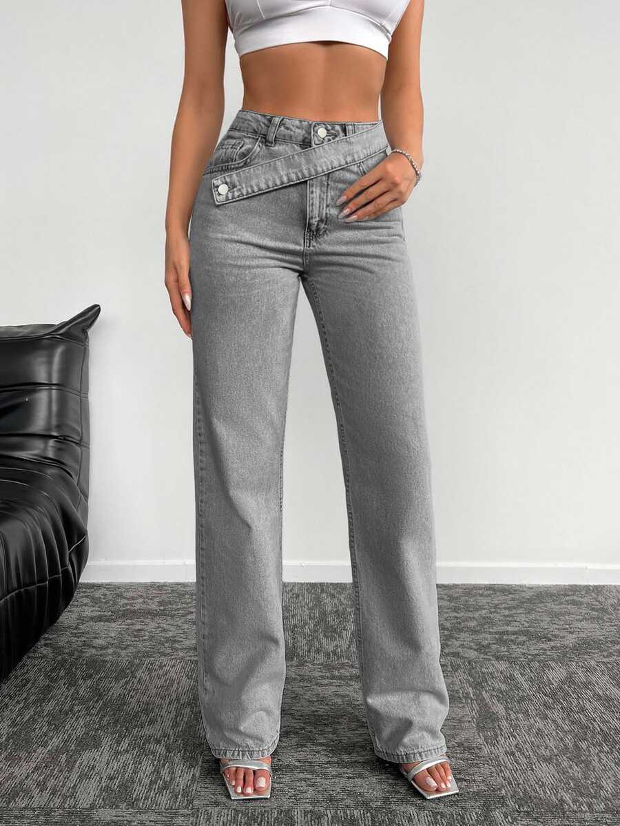 EURMUSE 100% Pure Cotton Asymmetrical Waist Straight Leg Jeans - Grey - View 1