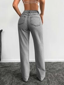 EURMUSE 100% Pure Cotton Asymmetrical Waist Straight Leg Jeans - Grey - View 4