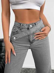 EURMUSE 100% Pure Cotton Asymmetrical Waist Straight Leg Jeans - Grey - View 2