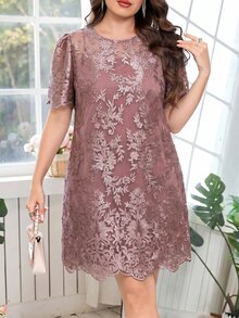 Reflora Plus Size Summer Elegant Embroidered Mesh Dress Wedding Evening Formal Party Mother Of The Bride Maroon Wedding Wedding - Pink - View 3