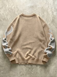 Manfinity EMRG 男士緹花時尚圓領長袖針織衫，復古百搭棕色哥德風 - 駝色 - 查看 2