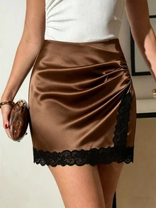 Franclia 女士撞色蕾丝拼接褶裥裹身优雅半身裙 - 棕色 - 查看 3