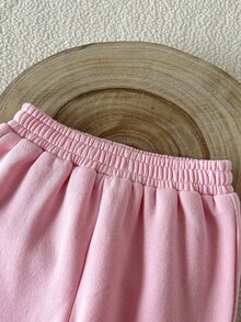 SHEIN 2件組少女粉色純色毛絨連帽長袖微落肩運動衫與運動褲套裝，加厚拉鍊運動外套上衣 + 長褲，休閒可愛甜美蝴蝶結運動服飾，適合春、秋、冬日常穿著、上學、購物等場合 - 藕粉色 - 查看 6