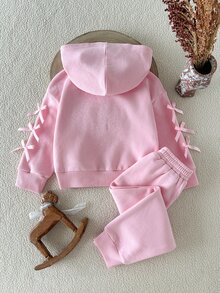 SHEIN 2件組少女粉色純色毛絨連帽長袖微落肩運動衫與運動褲套裝，加厚拉鍊運動外套上衣 + 長褲，休閒可愛甜美蝴蝶結運動服飾，適合春、秋、冬日常穿著、上學、購物等場合 - 藕粉色 - 查看 3