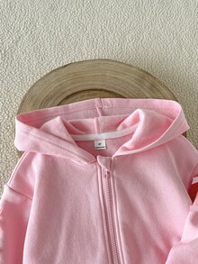 SHEIN 2件組少女粉色純色毛絨連帽長袖微落肩運動衫與運動褲套裝，加厚拉鍊運動外套上衣 + 長褲，休閒可愛甜美蝴蝶結運動服飾，適合春、秋、冬日常穿著、上學、購物等場合 - 藕粉色 - 查看 5