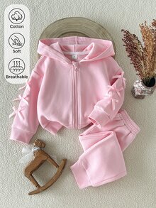 SHEIN 2件組少女粉色純色毛絨連帽長袖微落肩運動衫與運動褲套裝，加厚拉鍊運動外套上衣 + 長褲，休閒可愛甜美蝴蝶結運動服飾，適合春、秋、冬日常穿著、上學、購物等場合 - 藕粉色 - 查看 2