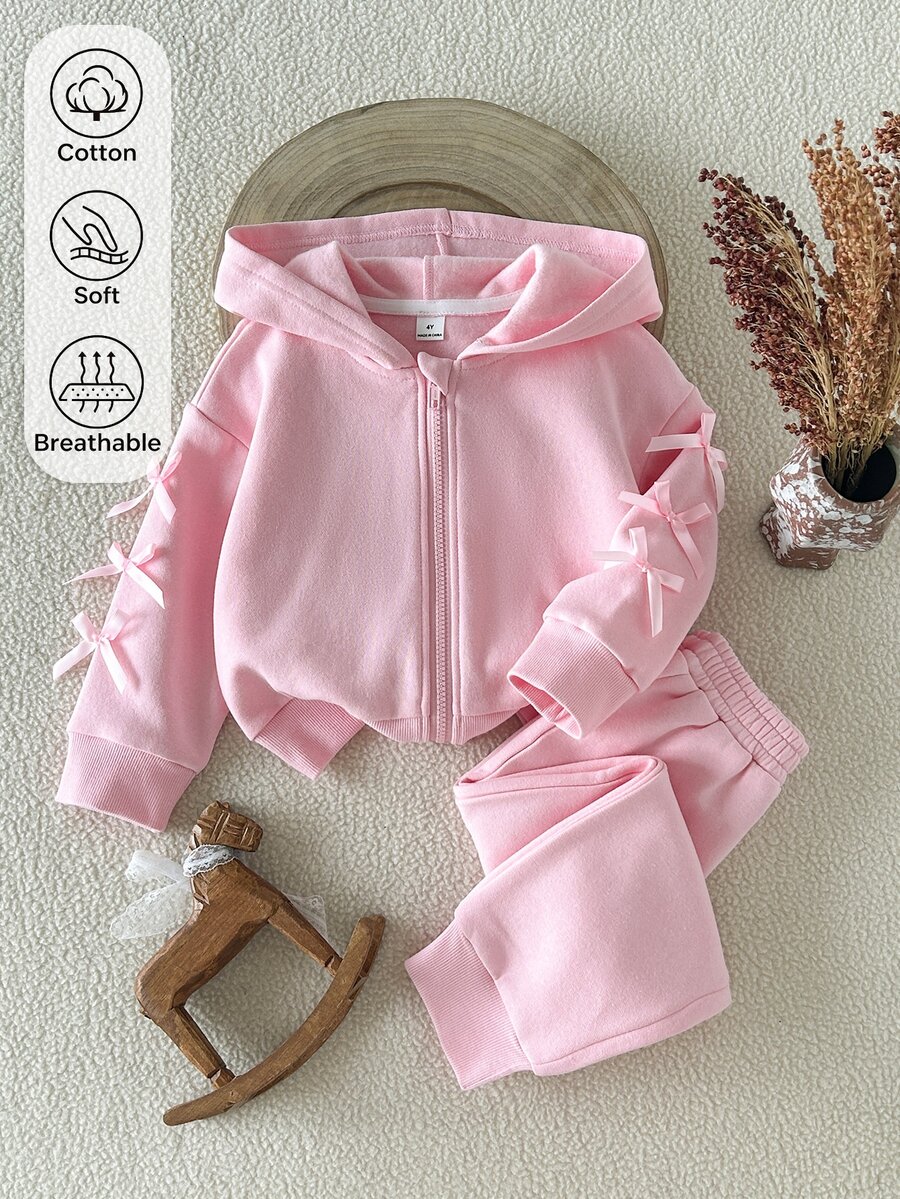 SHEIN 2件組少女粉色純色毛絨連帽長袖微落肩運動衫與運動褲套裝，加厚拉鍊運動外套上衣 + 長褲，休閒可愛甜美蝴蝶結運動服飾，適合春、秋、冬日常穿著、上學、購物等場合