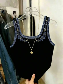 Resyla Cotton Material Hot-Selling New Casual Slim Fit Versatile Color-Block Floral Embroidered Women's Tank Top - Black and White - View 3
