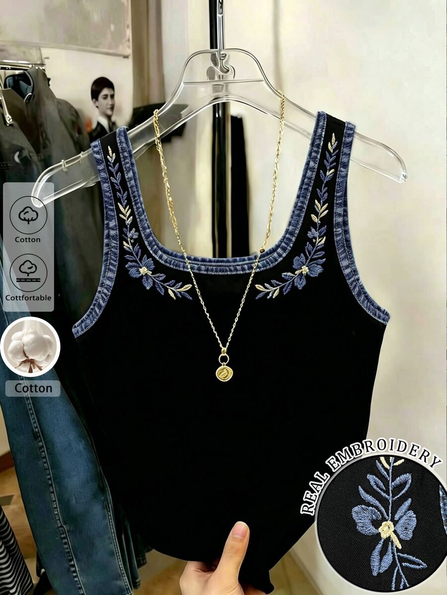 Resyla Cotton Material Hot-Selling New Casual Slim Fit Versatile Color-Block Floral Embroidered Women's Tank Top - Black and White - View 1