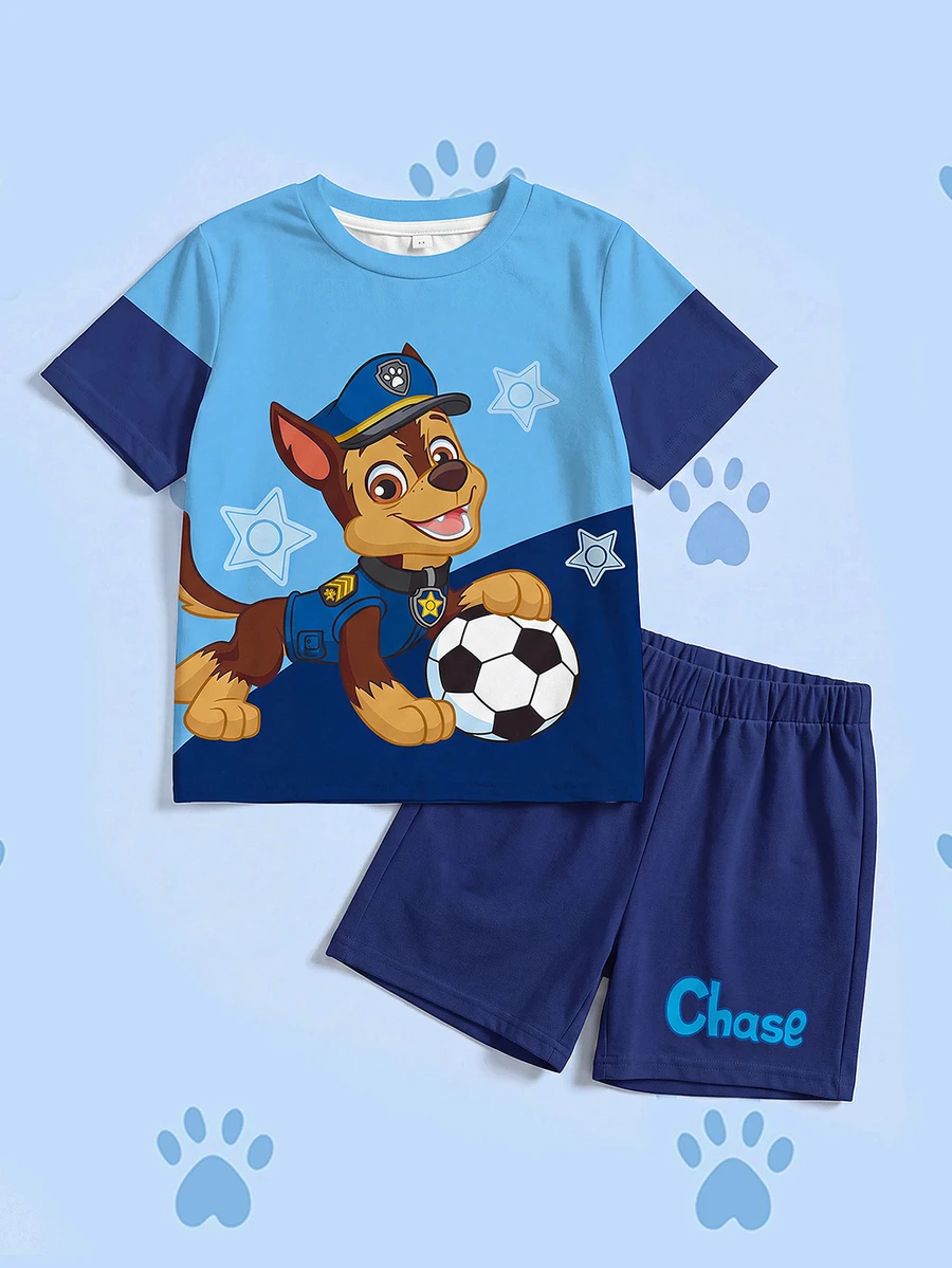 SHEIN | PAW Patrol Young Boy Summer Casual Sports Daily Commute Funny Cartoon Dog & Football Print Contrast Color Short Sleeve T-Shirt And Shorts Set - White - View 1