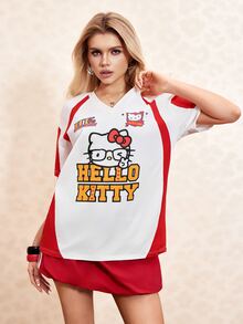 HELLO KITTY AND FRIENDS | SHEIN 女士休闲时尚街头卡通字母印花撞色宽松T恤，适合夏季日常通勤 - 紅白色 - 查看 4