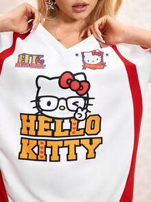 HELLO KITTY AND FRIENDS | SHEIN 女士休闲时尚街头卡通字母印花撞色宽松T恤，适合夏季日常通勤 - 紅白色 - 查看 5