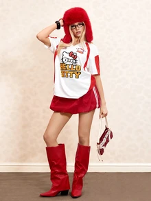 HELLO KITTY AND FRIENDS | SHEIN 女士休闲时尚街头卡通字母印花撞色宽松T恤，适合夏季日常通勤 - 紅白色 - 查看 7