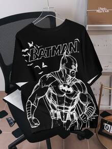 BATMAN X SHEIN Men's Letter Print Crew Neck Short Sleeve Casual T-Shirt - White - View 3